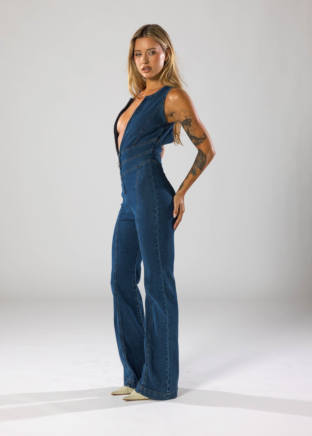 Backless Flare Denim Jumpsuit