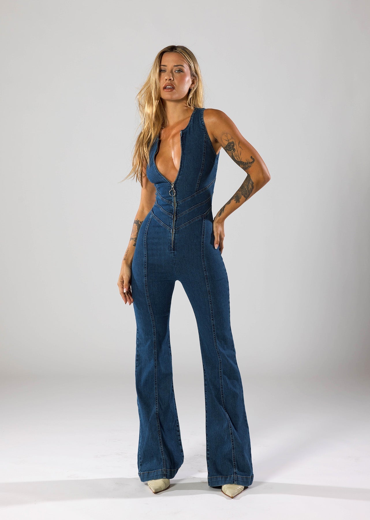 Backless Flare Denim Jumpsuit