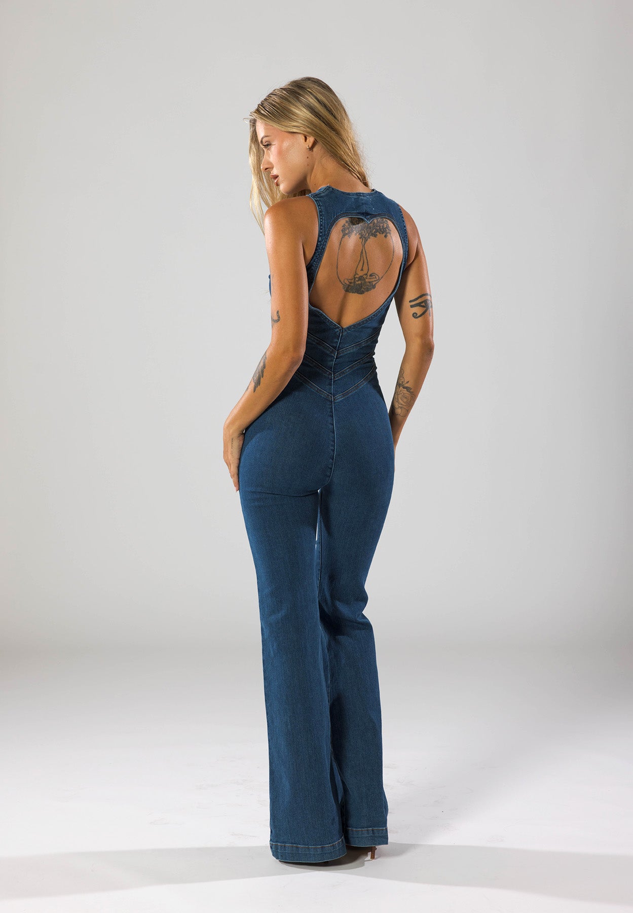 Backless Flare Denim Jumpsuit