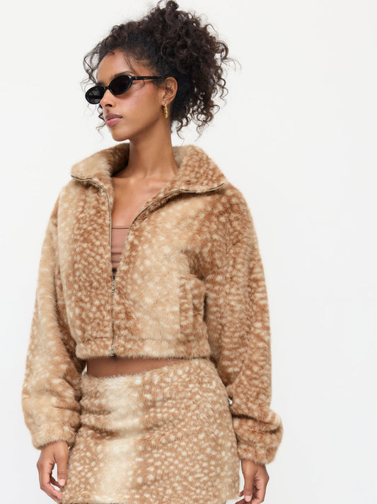 Faux Fur Deer Print Coat