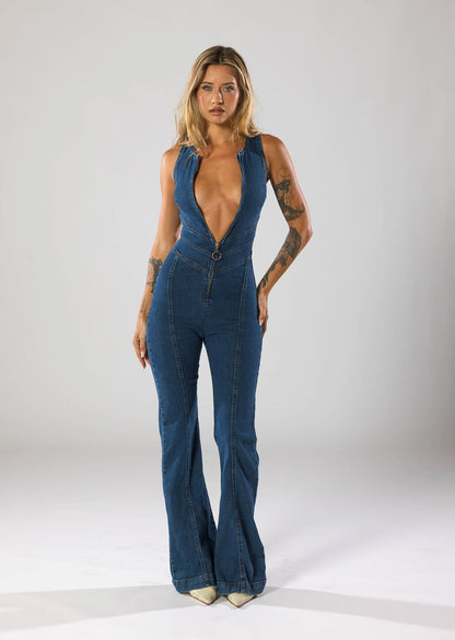 Backless Flare Denim Jumpsuit