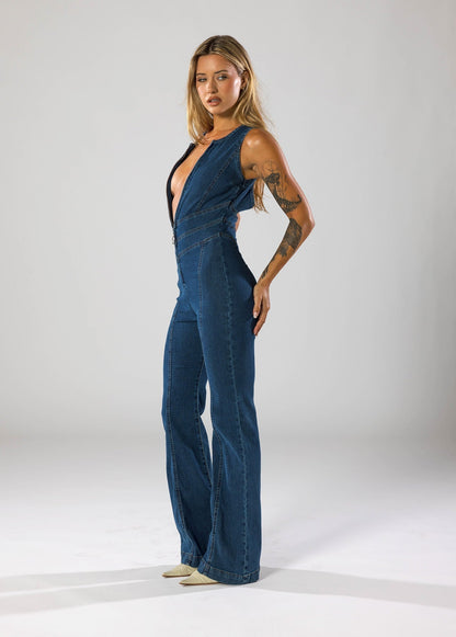 Backless Flare Denim Jumpsuit