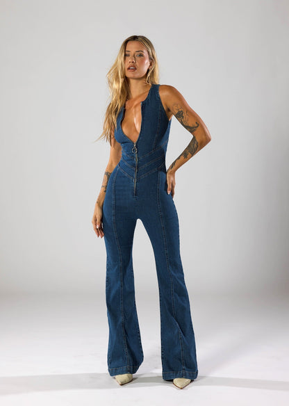 Backless Flare Denim Jumpsuit