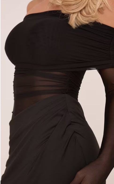 Bardot Mesh Panel Drape Waist Maxi Dress In Black