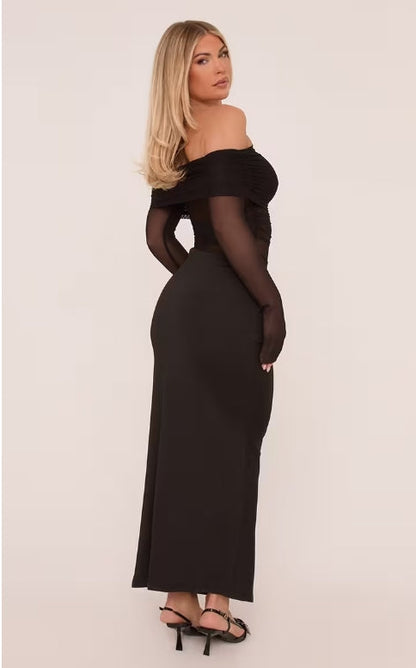 Bardot Mesh Panel Drape Waist Maxi Dress In Black