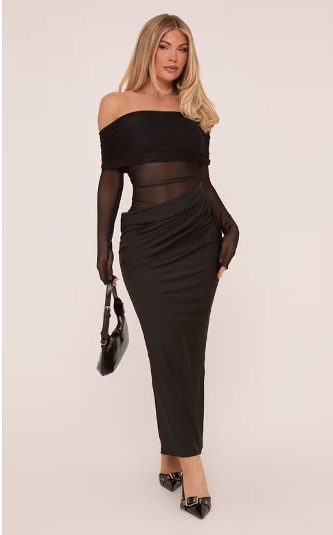 Bardot Mesh Panel Drape Waist Maxi Dress In Black