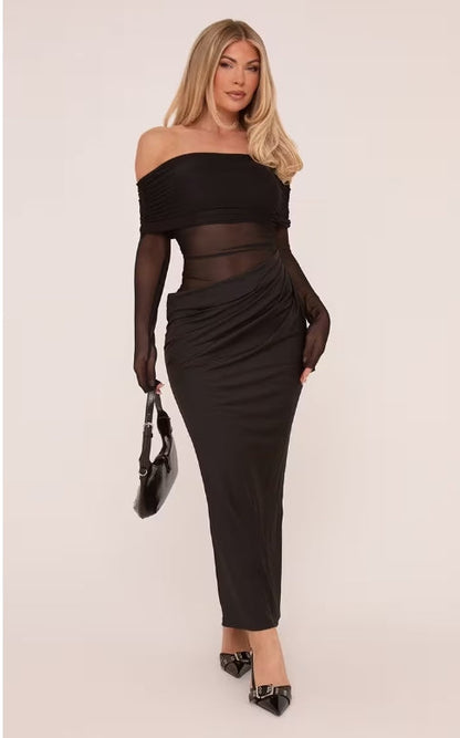Bardot Mesh Panel Drape Waist Maxi Dress In Black